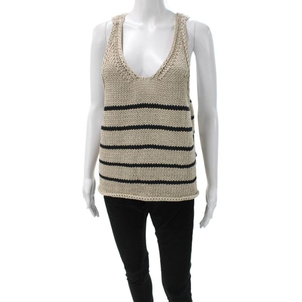 G. Womens Striped V-Neck Cotton Sleeveless Tank Beige Size M